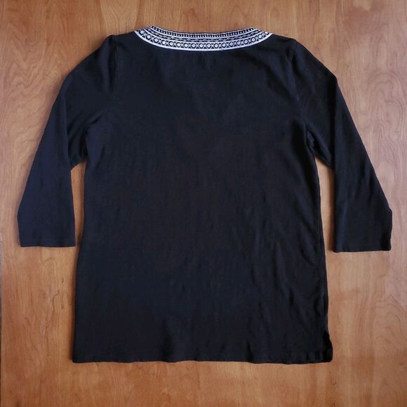 Talbots Embroidered Cotton Tunic Sz M Black 3/4 Sleeve Split Neck Boho Floral - Picture 5 of 8